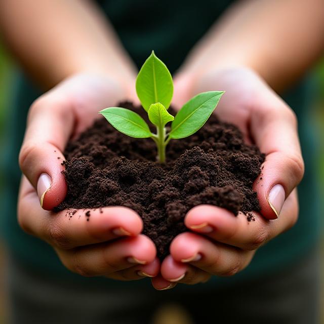 Hands holding rich soil with a small plant sprout showcasing sustainability