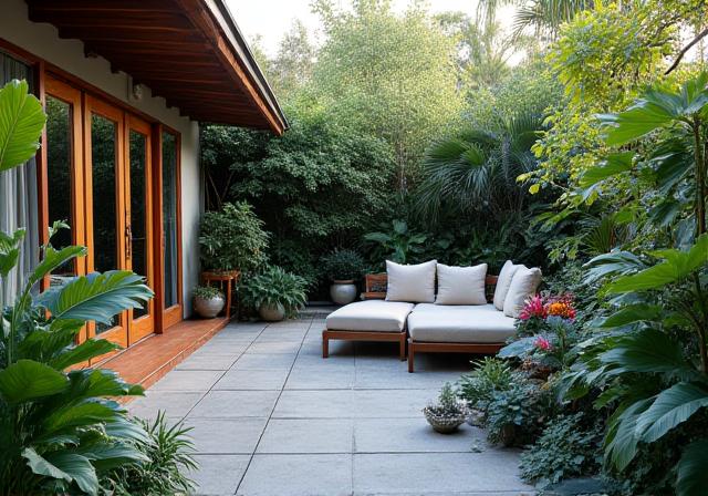 Backyard patio area surrounded by tropical landscaping