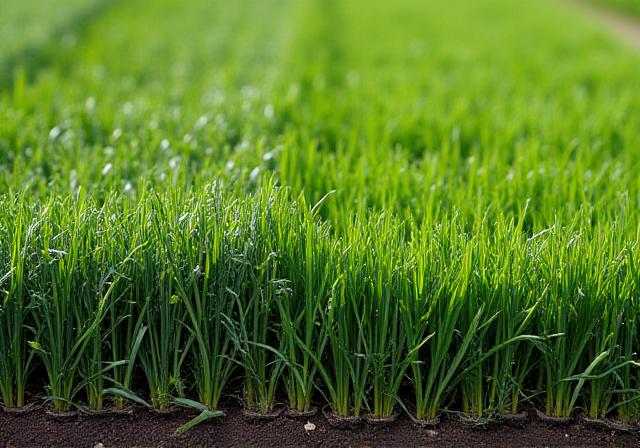 Freshly laid green sod rolls being installed