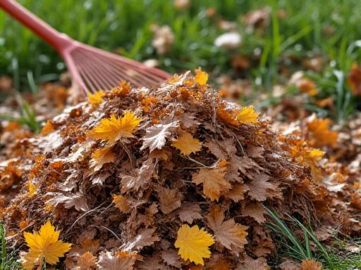 Raking leaves and removing garden debris after a storm