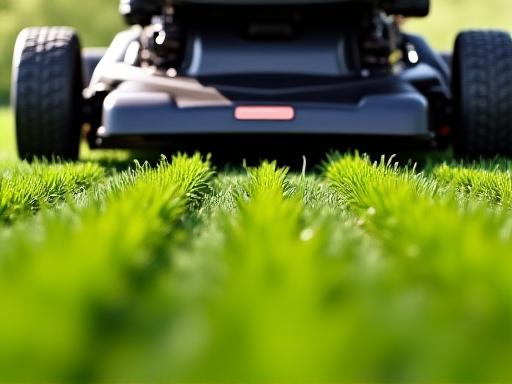 Close up of commercial lawn mower cutting St. Augustine grass